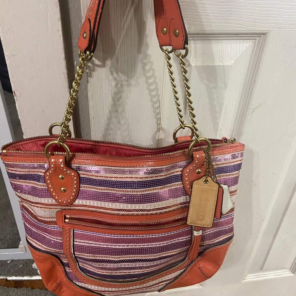 Rare Vintage Coach Poppy Coral Purple Hues Sequin Shoulder Bag/Tote #23843